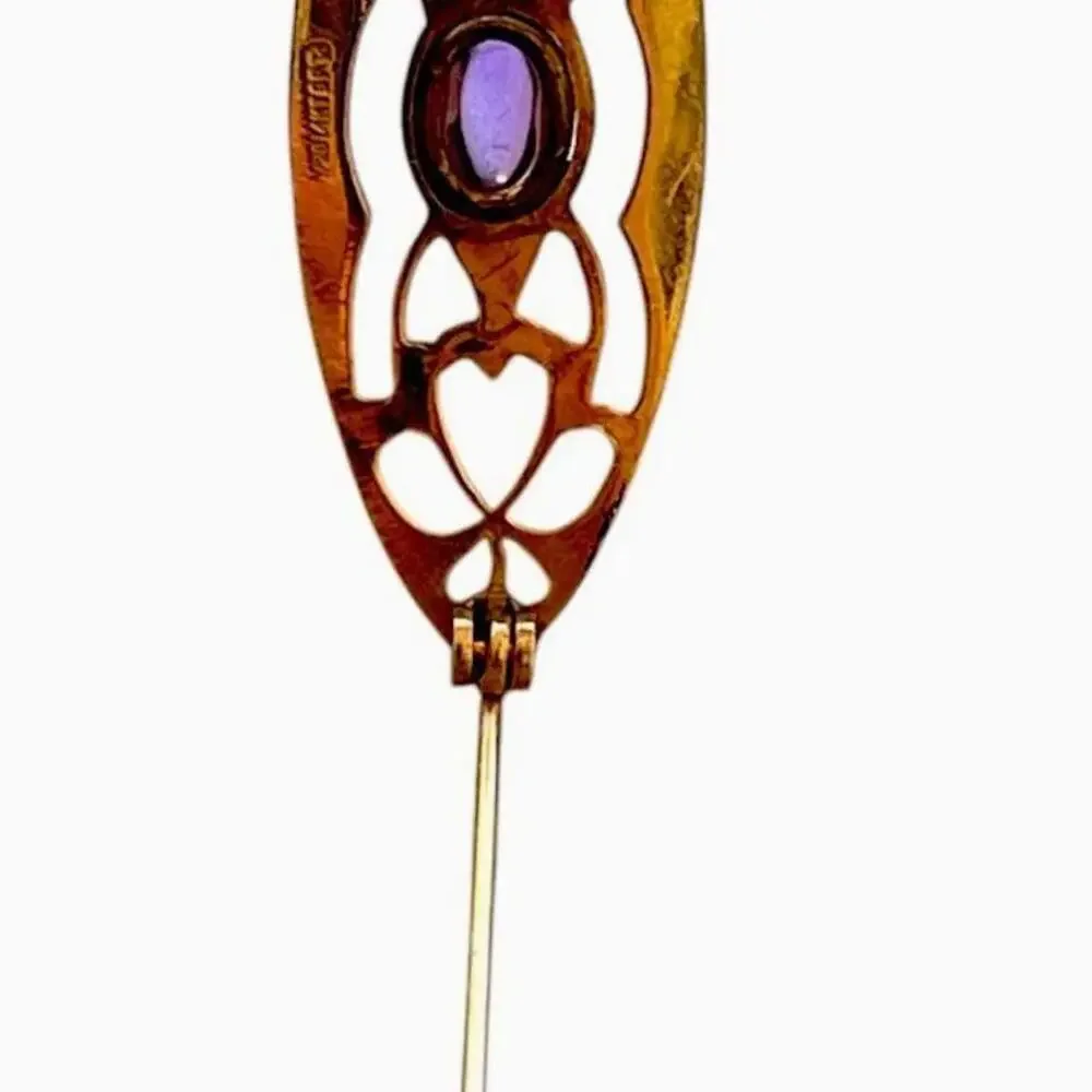 Antique Art Deco 14K 1/20 GF Ornate Mini Bar Brooch Pin+ Paste Amethyst 1.5x.5 - Picture 4 of 9